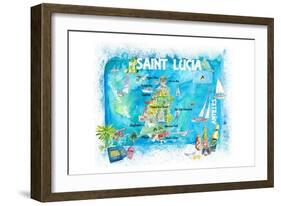 St Lucia Antilles Illustrated Caribbean Travel Map with Highlights of West Indies Island Dream-M. Bleichner-Framed Art Print