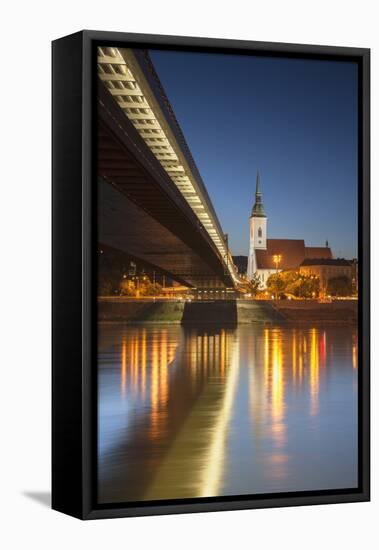 St. Martin's Cathedral and New Bridge over the River Danube at Dusk, Bratislava, Slovakia, Europe-Ian Trower-Framed Stretched Canvas