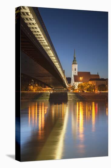 St. Martin's Cathedral and New Bridge over the River Danube at Dusk, Bratislava, Slovakia, Europe-Ian Trower-Stretched Canvas