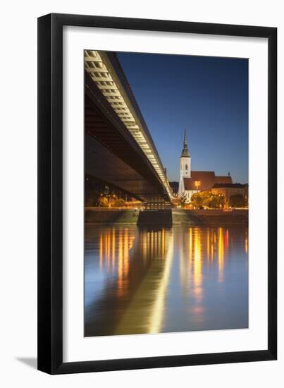 St. Martin's Cathedral and New Bridge over the River Danube at Dusk, Bratislava, Slovakia, Europe-Ian Trower-Framed Photographic Print