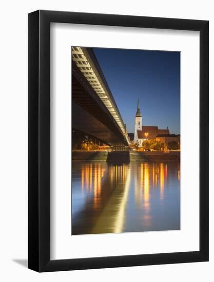 St. Martin's Cathedral and New Bridge over the River Danube at Dusk, Bratislava, Slovakia, Europe-Ian Trower-Framed Photographic Print