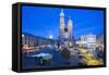 St. Mary's Basilica Illuminated at Twilight, Rynek Glowny (Old Town Square), Krakow, Poland, Europe-Kim Walker-Framed Stretched Canvas