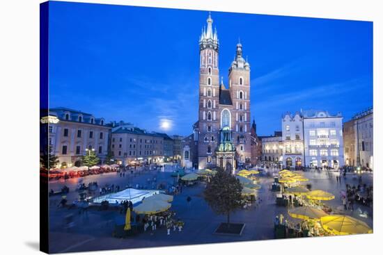 St. Mary's Basilica Illuminated at Twilight, Rynek Glowny (Old Town Square), Krakow, Poland, Europe-Kim Walker-Stretched Canvas