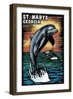 St. Marys, Georgia - Dolphin - Scratchboard-Lantern Press-Framed Art Print