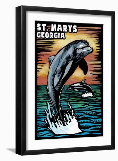 St. Marys, Georgia - Dolphin - Scratchboard-Lantern Press-Framed Art Print