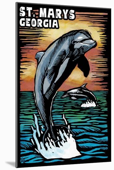 St. Marys, Georgia - Dolphin - Scratchboard-Lantern Press-Mounted Art Print