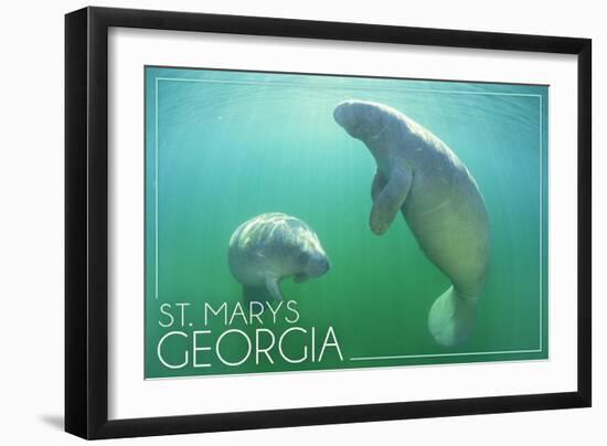 St. Marys, Georgia - Manatees Underwater-Lantern Press-Framed Art Print