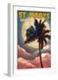 St. Marys, Georgia - Palm and Moon (Sunset Version)-Lantern Press-Framed Art Print