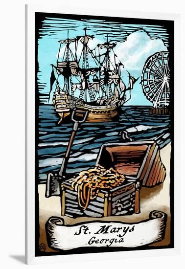 St. Marys, Georgia - Pirates - Scratchboard-Lantern Press-Framed Art Print