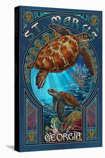 St. Marys, Georgia - Sea Turtle Art Nouveau-Lantern Press-Stretched Canvas