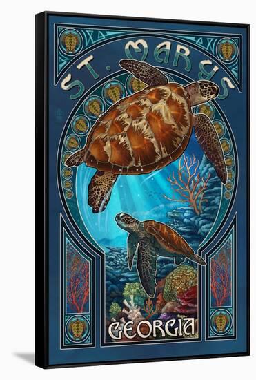 St. Marys, Georgia - Sea Turtle Art Nouveau-Lantern Press-Framed Stretched Canvas