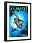 St. Marys, Georgia - Sea Turtle Diving-Lantern Press-Framed Art Print