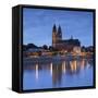 St Mauritius and St Katharina Cathedral and River Elbe at dusk, Magdeburg, Saxony-Anhalt, Germany-Ian Trower-Framed Stretched Canvas