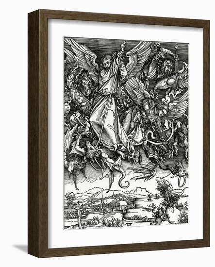 St. Michael Fighting the Dragon, 1498 (Woodcut)-Albrecht Dürer-Framed Giclee Print