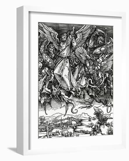 St. Michael Fighting the Dragon, 1498 (Woodcut)-Albrecht Dürer-Framed Giclee Print