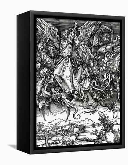 St. Michael Fighting the Dragon, 1498 (Woodcut)-Albrecht Dürer-Framed Stretched Canvas