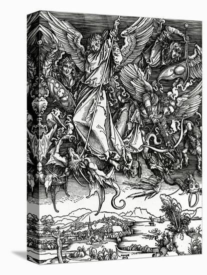 St. Michael Fighting the Dragon, 1498 (Woodcut)-Albrecht Dürer-Stretched Canvas