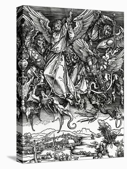 St. Michael Fighting the Dragon, 1498 (Woodcut)-Albrecht Dürer-Stretched Canvas