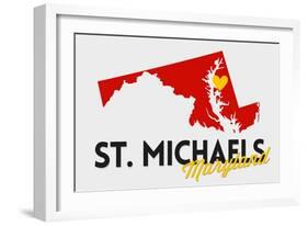 St. Michaels, Maryland - Red and Black - State Outline and Heart-Lantern Press-Framed Art Print