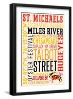 St. Michaels, Maryland - Typography with Crab Icon-Lantern Press-Framed Art Print