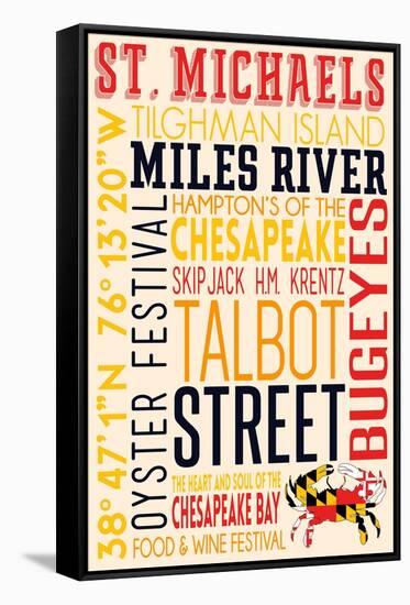 St. Michaels, Maryland - Typography with Crab Icon-Lantern Press-Framed Stretched Canvas