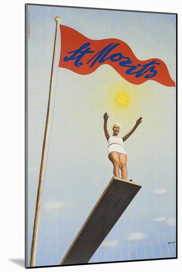 St Moritz Travel Poster, Art Deco Diving Board Woman, 1930's-null-Mounted Giclee Print