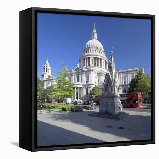 St. Paul's Cathedral, and Red Double Decker Bus, London, England, United Kingdom, Europe-Markus Lange-Framed Stretched Canvas