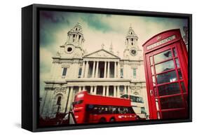 St Paul's Cathedral in London, the Uk. Red Bus and Telephone Booth, Cloudy Sky. Symbols of London I-Michal Bednarek-Framed Stretched Canvas