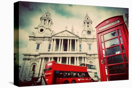 St Paul's Cathedral in London, the Uk. Red Bus and Telephone Booth, Cloudy Sky. Symbols of London I-Michal Bednarek-Stretched Canvas