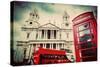St Paul's Cathedral in London, the Uk. Red Bus and Telephone Booth, Cloudy Sky. Symbols of London I-Michal Bednarek-Stretched Canvas