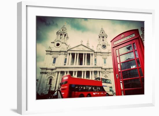 St Paul's Cathedral in London, the Uk. Red Bus and Telephone Booth, Cloudy Sky. Symbols of London I-Michal Bednarek-Framed Photographic Print