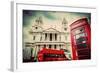 St Paul's Cathedral in London, the Uk. Red Bus and Telephone Booth, Cloudy Sky. Symbols of London I-Michal Bednarek-Framed Photographic Print