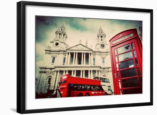 St Paul's Cathedral in London, the Uk. Red Bus and Telephone Booth, Cloudy Sky. Symbols of London I-Michal Bednarek-Framed Photographic Print