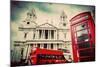 St Paul's Cathedral in London, the Uk. Red Bus and Telephone Booth, Cloudy Sky. Symbols of London I-Michal Bednarek-Mounted Photographic Print