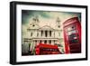 St Paul's Cathedral in London, the Uk. Red Bus and Telephone Booth, Cloudy Sky. Symbols of London I-Michal Bednarek-Framed Photographic Print