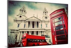 St Paul's Cathedral in London, the Uk. Red Bus and Telephone Booth, Cloudy Sky. Symbols of London I-Michal Bednarek-Mounted Photographic Print