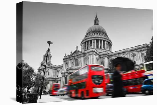 St Paul's Cathedral in London, the Uk. Red Buses in Motion and Man Walking with Umbrella.-Michal Bednarek-Stretched Canvas