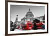 St Paul's Cathedral in London, the Uk. Red Buses in Motion and Man Walking with Umbrella.-Michal Bednarek-Framed Photographic Print