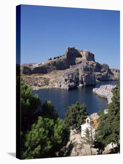 St. Pauls Bay Looking Towards Lindos Acropolis, Lindos, Rhodes, Dodecanese Islands, Greece-Tom Teegan-Stretched Canvas