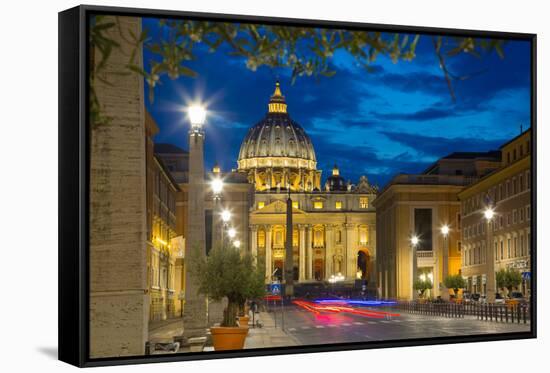 St. Peters and Piazza San Pietro at Dusk, Vatican City, UNESCO World Heritage Site, Rome, Lazio-Frank Fell-Framed Stretched Canvas