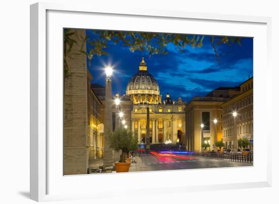 St. Peters and Piazza San Pietro at Dusk, Vatican City, UNESCO World Heritage Site, Rome, Lazio-Frank Fell-Framed Photographic Print