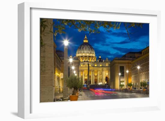 St. Peters and Piazza San Pietro at Dusk, Vatican City, UNESCO World Heritage Site, Rome, Lazio-Frank Fell-Framed Photographic Print