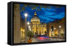 St. Peters and Piazza San Pietro at Dusk, Vatican City, UNESCO World Heritage Site, Rome, Lazio-Frank Fell-Framed Stretched Canvas