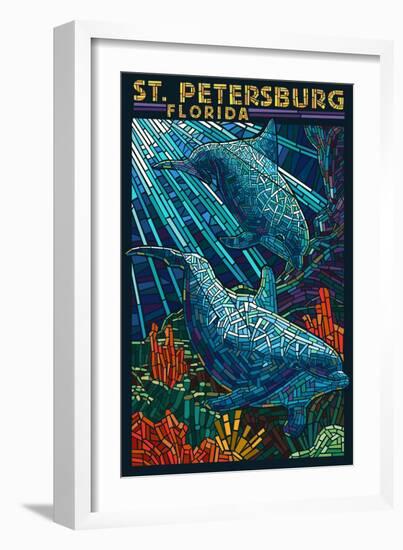 St. Petersburg, Florida - Dolphins Paper Mosaic-Lantern Press-Framed Art Print