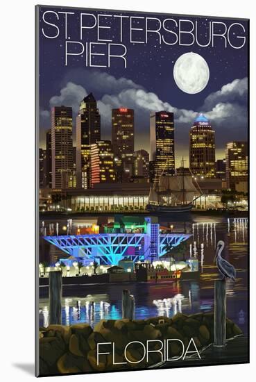St. Petersburg, Florida - Night Skyline and Pier-Lantern Press-Mounted Art Print