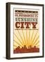 St. Petersburg, Florida - Skyline and Sunburst Screenprint Style-Lantern Press-Framed Premium Giclee Print