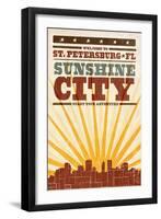 St. Petersburg, Florida - Skyline and Sunburst Screenprint Style-Lantern Press-Framed Art Print