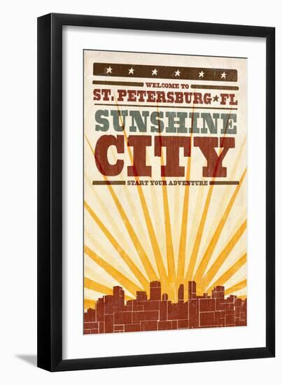 St. Petersburg, Florida - Skyline and Sunburst Screenprint Style-Lantern Press-Framed Art Print