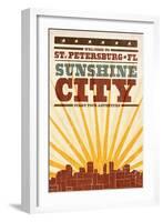 St. Petersburg, Florida - Skyline and Sunburst Screenprint Style-Lantern Press-Framed Art Print