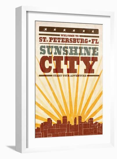 St. Petersburg, Florida - Skyline and Sunburst Screenprint Style-Lantern Press-Framed Art Print